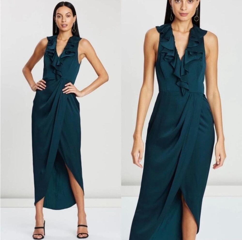 ✨NWT Shona Joy Luxe Edition Plunge Frills Draped Emerald Green Dress Sz 6